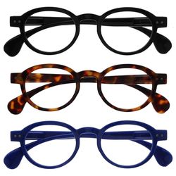 OPULIZE OCA Gafas de Lectura - Pack de 3 - Montura Moderna Retro Redonda - Negro, Marrón, Azul - Hombre Mujer - Bisagras de Muelle - RRR54-123 - +1.00