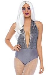 Leg Avenue Shimmer Sequin Halter Bodysuit, Grey, Large