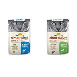 Almo Nature Holistic Sterilised, Cibo umido completo per gatti adulti, Con Merluzzo, Confezione da 30 x 70 g (2100 g) & Cat funzionale della anti-hairball con pollo, 30 x 70 g