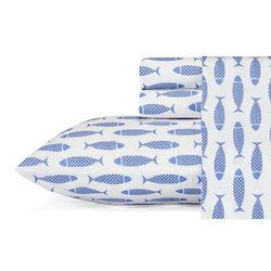 Nautica - Queensize lakens, katoenen percal beddengoedset, knapperig en cool, kust woondecoratie (houtblok vis blauw, koningin)