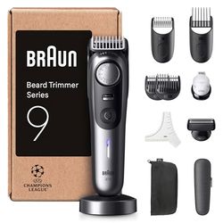 Braun Regolabarba Uomo Series 9, Rasoio Elettrico Barba Braun, +11 Strumenti Da Barbiere, Lama ProBlade Affilata A Vita, 180 Min, Selettore Di Precisione Con 52 Lunghezze, Impermeabile, BT9545, Cromo