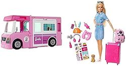 Barbie Camper Dei Sogni 3 In 1, Playset Con 3 Veicoli E 50 Accessori, Giocattolo Per Bambini 3+ Anni & In Viaggio, Bambola Bionda Con Cucciolo, Valigia Che Si Apre, Adesivi E Accessori