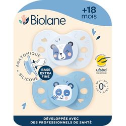 BIOLANE- Tétines anatomiques animaux- Sucettes extra-fines- 18 mois et +- Bleu bicolore- Téterelle plate et réversible- Confort optimal- Respect du développement bucco-dentaire