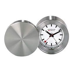 Mondaine - Wekker MSM.64410 - Tafelklok 50mm - Officiële Zwitserse Spoorwegen Klok Geborsteld Metalen Behuizing Handen zichtbaar in het donker Rood Tweedehands, Zilver, riem