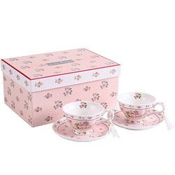 London Boutique Lot de 2 Tasses à café et soucoupes Vintage Flora Rose Lavande Coffret Cadeau en Porcelaine (Rose 2 pièces)