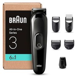 Braun Regolabarba Tagliacapelli Uomo Rasoio Elettrico Barba, 6-In-1 Styling Kit Ideale Per Barba, Capelli, 50 Minuti Di Utilizzo Senza Fili, MGK3420, Nero