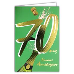 Afie Tarjeta de cumpleaños de 70 años de oro brillante en relieve texturizado, para hombre y mujer, texto colorido adaptado a la edad en el interior, sobre incluido - Fabricado en Francia