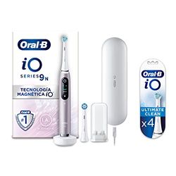 Oral-B iO 9 Cepillo de Dientes Eléctrico Rosa con Mango Recargable, Tecnología Magnética iO, 1 Cabezal de Recambio, Pantalla a Color y Estuche de Viaje + 4 Cabezales Blancos Ultimate Clean