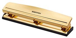 Bostitch Office 3 agujeros, capacidad de 12 hojas, metal duradero, cromado dorado, base de goma