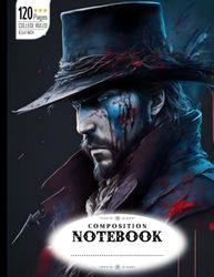 Composition Notebook College Ruled: Medium Shot Digital Line Art Portrait of Bloodborne Hunter, Splatter Drippings, Paper Texture, Perfect Shading, ... in 8K Resolution for High-Quality Detail.