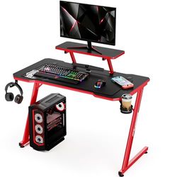 Intimate WM Heart Gaming Bureau, ergonomische gaming computer bureau, koolstofvezel tafelblad E-Sports bureau met verstelbare monitor plank, draaibare oortelefoon, beker, handvat houders, zwart rood