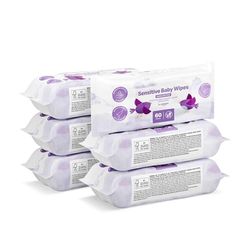 by Amazon Sensitive Baby Wipes, 100% Plant Based Fibres, Unscented, 360 Wipes, 6 Pack of 60