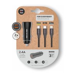 TechOneTech Cargador de Coche USB Universal + Cable Doble USB x 2 1,2 m