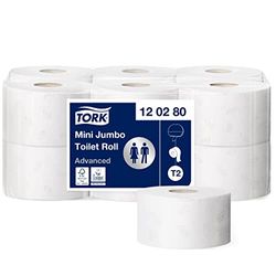 Tork 120280 Rollos de papel hihiénico mini Jumbo Advanced de 2 capas compatibles con el sistema higiénico minijumbo T2, 12 rollos (12 x 850 hojas)