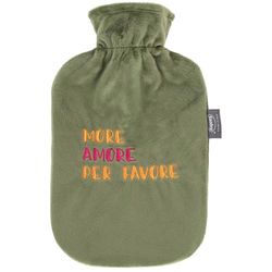 Fashy Bolsa de agua caliente de 2,0 l con funda de flojel, con bordado "More Love PER FAVOR", color verde