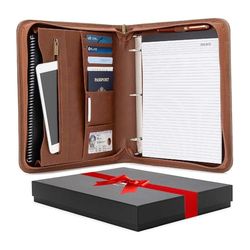 Forevermore Portfolios Carpeta Padfolio - Estuche organizador de viaje de cuero sintético profesional para tableta, documentos, bloc de notas extraíble de 3 anillas - Marrón