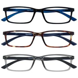 OPULIZE See - Occhiali da Lettura Filtro Set da 3 Luce Blu Montatura Stretta Cerniere a Molla Migliorano il Sonno Gaming Computer Anti Riflesso Nero Marrone Grigio Uomo Donna BBB9-127 +3.50