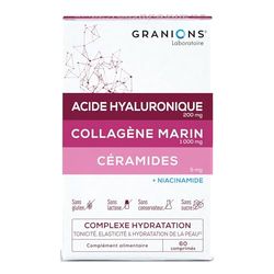 GRANIONS COLLAGENE MARIN | Collagene et Acide Hyaluronique - Collagene marin + Acide Hyaluronique + Niacinamide + Ceramides - Hydratation, Elasticité, Tonicité de la peau - 60 comprimés | Cure 1 mois