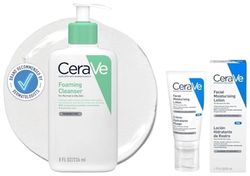 CeraVe PM Daily Facial Moisturiser Lotion for Normal to Dry Skin 52ml with Niacinamide and 3 Essential Ceramides & Foaming Cleanser for Normal to Oily Skin with Niacinamide and 3 Essential Ceramides
