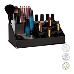 Relaxdays, noir Organisateur Cosmétique Acrylique Rangement Make-Up 16 Casier Maquillage Support Rouge à Lèvre, Taille unique