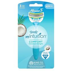 Wilkinson Sword - MyIntuition Comfort Coconut Delight Xtreme 3 - Rasoio Usa & Getta - Rasoio a 3 Lame Flessibili per Donna - Depilazione Confortevole con Striscia Lubrificane - Confezione x4