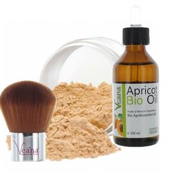 Mineral Make Up 9 g + olio di noccioli di albicocca bio Premium 100 ml certificato DE-Öko + Kabuki 20 sfumature di colore – per pelli normali e secche – Nuance Sunny Beige