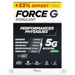 Vitavea Force G Stimulant - Complément alimentaire performances physiques - Ginseng, Gingembre, Guarana, Gelée Royale, Grenade, Maca - Actifs renforcés - 20 ampoules - 20 jours - Fabriqué en France