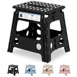 VECELO Folding Step Stool 32cm, Non-Slip Surface Portabl Foldable with Carry Handle, Heavy Duty to Support Kids/Toddler/Adults for Living Room Kitchen, Bathroom, Black