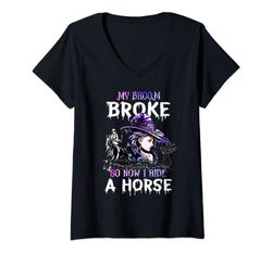 Mujer Mi Escoba Rompió Así que Ahora Monto Un Caballo Bruja De Halloween Camiseta Cuello V