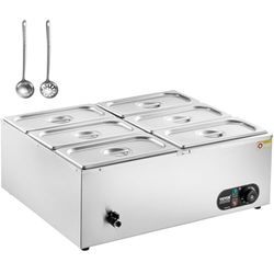 VEVOR Scaldavivande Commerciale 6 x 5,5 L (dimensione 1/3) Scaldavivande Elettrico da Tavolo a Vapore in Acciaio Inox da 1500 W Piastra Riscaldante Elettrica, Controllo della Temperatura da 30-85 °C