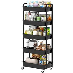 Sywhitta 5-Tier Plastic Rolling Utility Cart with Handle, Multi-Functional Storage Trolley for Office, Living Room, Kitchen, Movable Storage Organizer with Wheels, Black