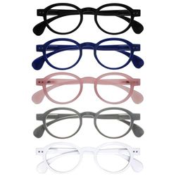 OPULIZE OCA Occhiali da lettura - Pacco da 5 - Montatura Moderna Retró Rotonda - Nero Blu Rosa Grigio Bianco - Uomini Donne - RRRRR54-1347W - +2.50