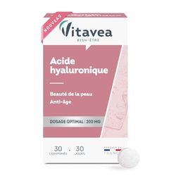 Vitavea - Acide Hyaluronique 200 mg - Complément alimentaire Beauté de la peau et anti-âge - Souplesse et Elasticité - 30 comprimé - Cure de 30 jours - Fabriqué en France