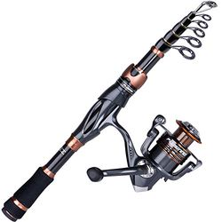 PLUSINNO Combo de caña de Pescar y Carrete, Bronce Warrior Toray 24 toneladas de Carbono Matrix telescópico, caña de Pescar telescópica, rodamientos Blindados 12 + 1, Carrete Giratorio BB de Acero