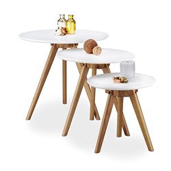 Relaxdays Stolik pomocniczy, zestaw 3-częściowy, lakierowane drewno dębowe, biały blat stołu 50, 40 i 32 cm, w skandynawskim stylu, biały/naturalny