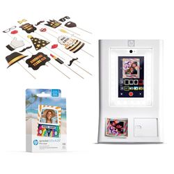 HP Sprocket Photo Booth Machine Instant Color Photo Printer (White) + Zink Paper (100 Sheets) + Birthday Party Photo Booth Props (25)