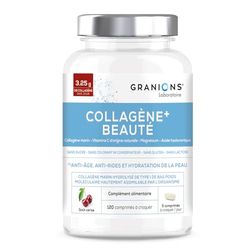 GRANIONS COLLAGENE MARIN + BEAUTE - Collagene et Acide Hyaluronique + Vitamine C + Acerola - Collagene Marin Complement Alimentaire - Collagene Peptides - Goût Cerise - 120 Comprimés à Croquer