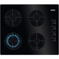 Zanussi ZGO62414BA Placa de gas, Gas on Glass, 4 fuegos, Quemador Wok, Mandos Laterales Giratorios, Entendido electrónico, Parrillas hierro fundido, Termopar de Seguridad, Negro, 60 cm