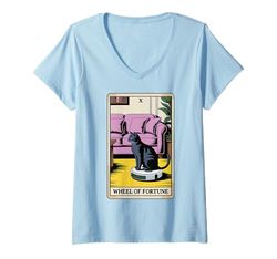 Mujer Rueda de la Fortuna Robot Aspirador Divertido Tarot Tarjeta Gato Camiseta Cuello V