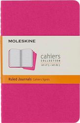 Moleskine Cahier Journal, set med 3 anteckningsböcker med linjerade sidor, kartongskydd med synlig bomullssömnad, färg kinetisk rosa, ficka 9 x 14 cm, 64 sidor