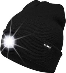 ATNKE Muts met led-verlichting, oplaadbaar, USB-hardloopmuts met licht, extreem fel, 4 ledlampjes, winter, warm, hoofdlamp voor dames en heren, cadeau, zwart, Eén maat