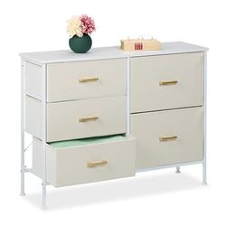 Relaxdays Dresser, 5 Fabric, Storage for Hallway, Bedroom, HWD: 76 x 100 x 31 cm, Drawer Unit, Metal, White/Gold, Fibreboard
