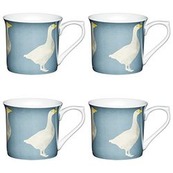 KitchenCraft Goose Fluted Printed Bird Mugs, China, Blue Grey, 4 Count (Pack of 1)