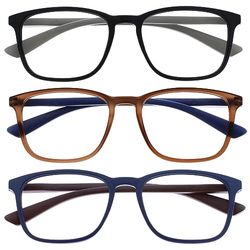 OPULIZE Max Gafas de Lectura - Pack de 3 - Marco Rectangular Clásico Grande - Negro Mate Marrón Azul - Unisex Hombres Mujeres - Bisagras de Resorte - RRR78-123 - +1.50