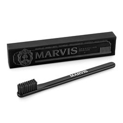 Marvis Escova de dentes preta, escova de dentes de plástico com capa para cabeça transparente, escova de dentes de viagem para placa e tártaro