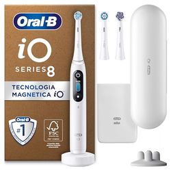 Oral-B Spazzolino Elettrico Ricaricabile iO 8N, Sensore di Pressione, Display Interattivo, Intelligenza Artificiale, 6 Modalità, 3 Testine, 1 Spazzolino, 1 Custodia da Viaggio, Bianco, Idea Regalo