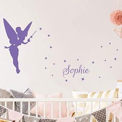 Autocolante com nome personalizado, design de fada e estrelas, decoração de parede para quarto infantil, 2 folhas de 40 x 25 cm, lavanda
