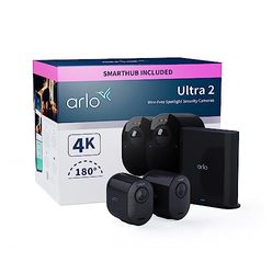 Arlo Ultra 2 Camara de Vigilancia WiFi Exterior 4K, Camara de Vigilancia WiFi Interior, Sensor de Movimiento, Alarmas Para Casa, Visión Nocturna Color, Prueba Arlo Secure Incluida , 2 Cámaras, Negras