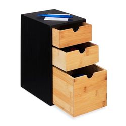 Relaxdays ladeblok, bamboe, 3 lades, HxBxD: 28 x 17 x 21,5 cm, smalle bureau organizer, keuken, badkamer, natuur/zwart