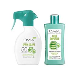 Omia, Kit de rutina solar con activador solar SPF 50+, leche aftersun a base de aloe vera de Salento, fórmula ecobio hidratante y calmante, kit para pieles sensibles y delicadas, resistente al agua